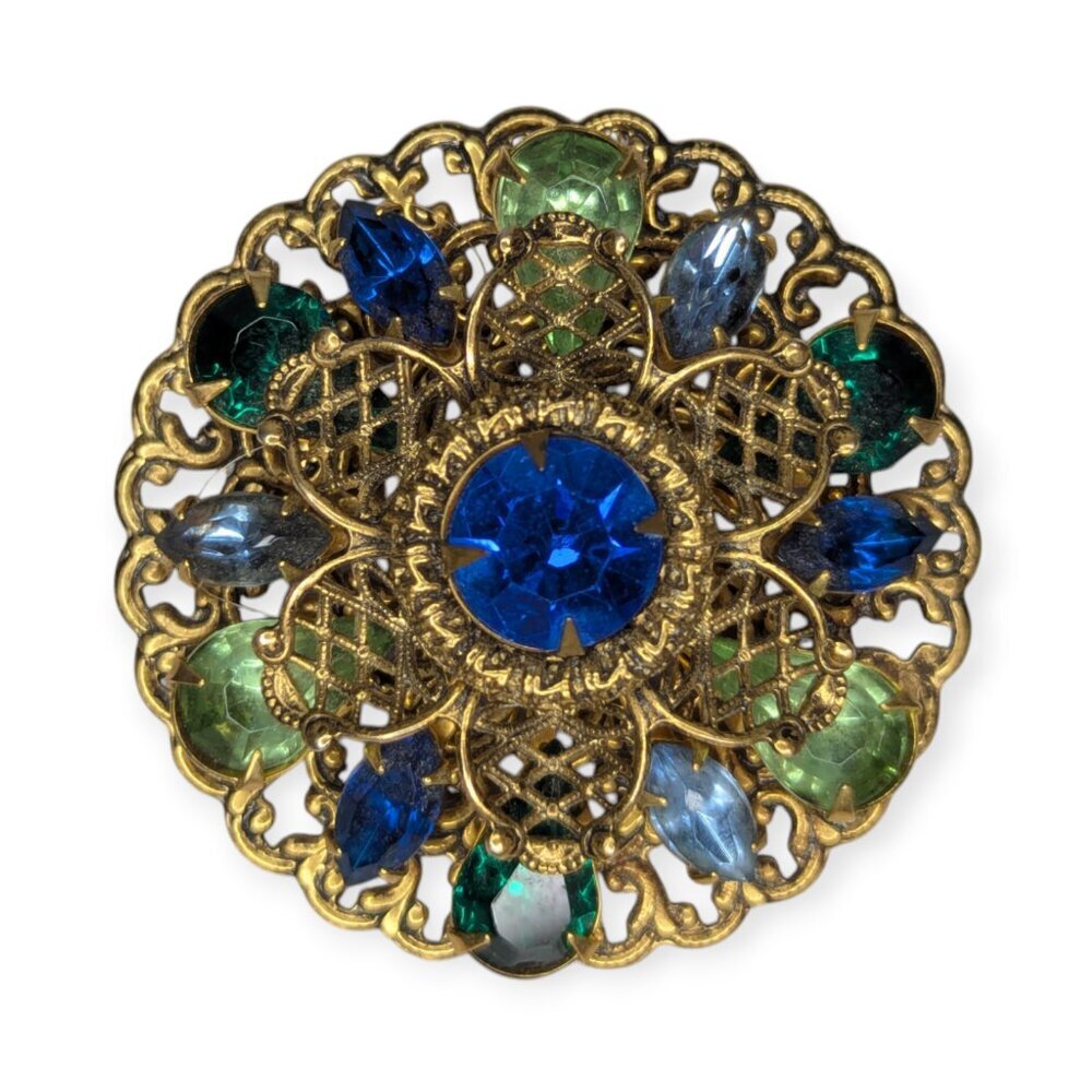 Vintage 1940s Antique Gold Tone Domed Pin with Blue & Green Gems